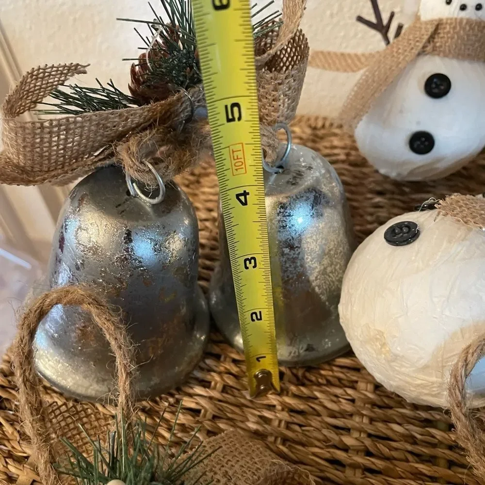 7 Paper Mache Snowman Ornaments & 6 Metal Double Bells with Faux Greenery Lot